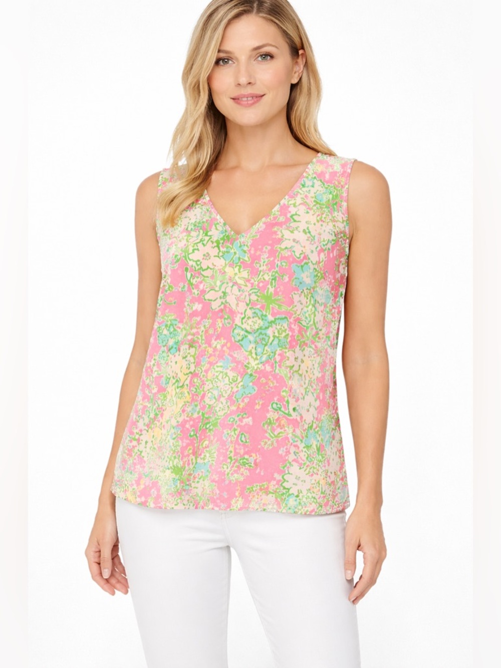 Lilly Pulitzer Cipriani Silk V-Neck Sleeveless Top in Southern Charm Size Large